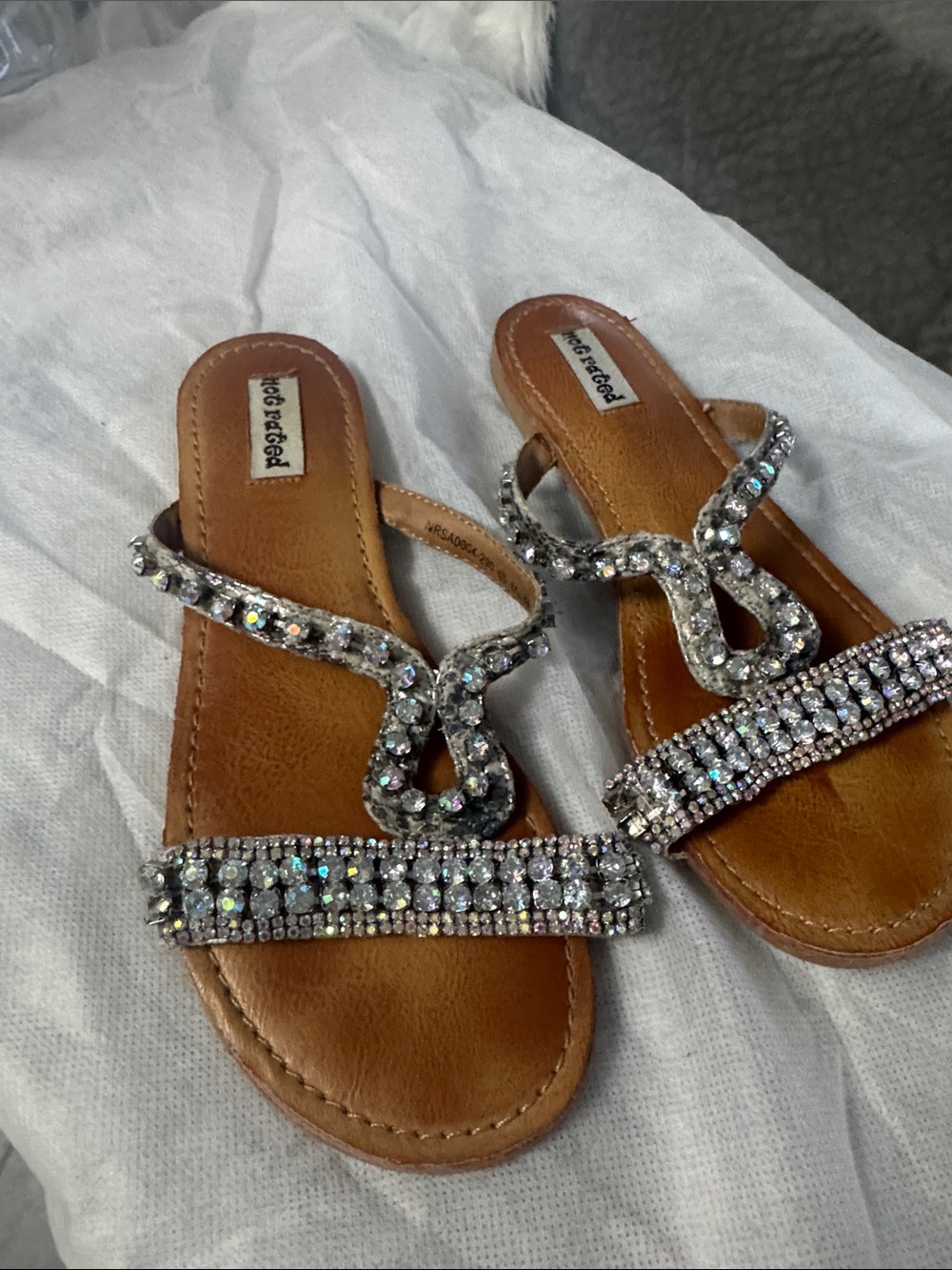 Not Rated Brown Leather Slide Sandals with Crystal Embellishments
